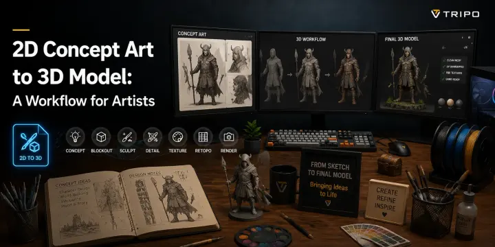 artist workstation showing concept art to final 3d character