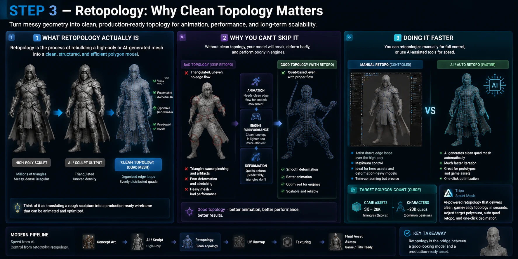 retopology workflow from dense mesh to clean quad topology