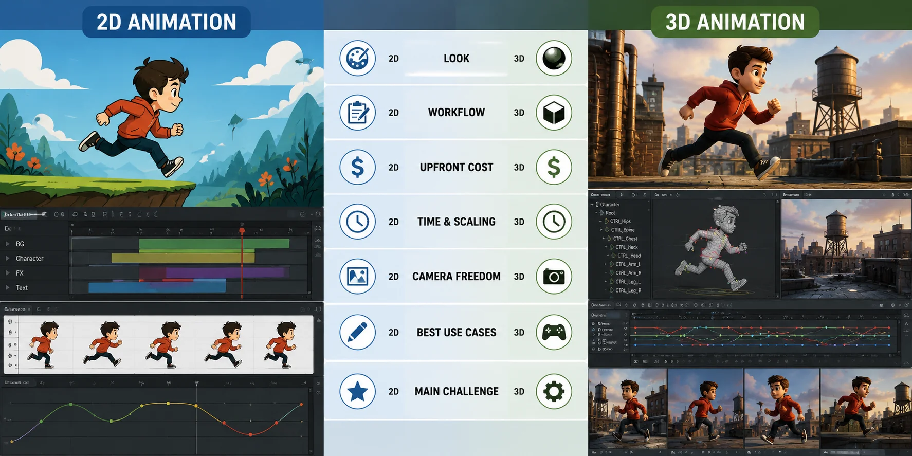 split view comparing 2d and 3d animation