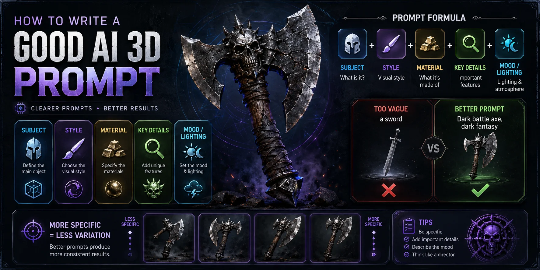 ai 3d prompt formula with dark fantasy battle axe