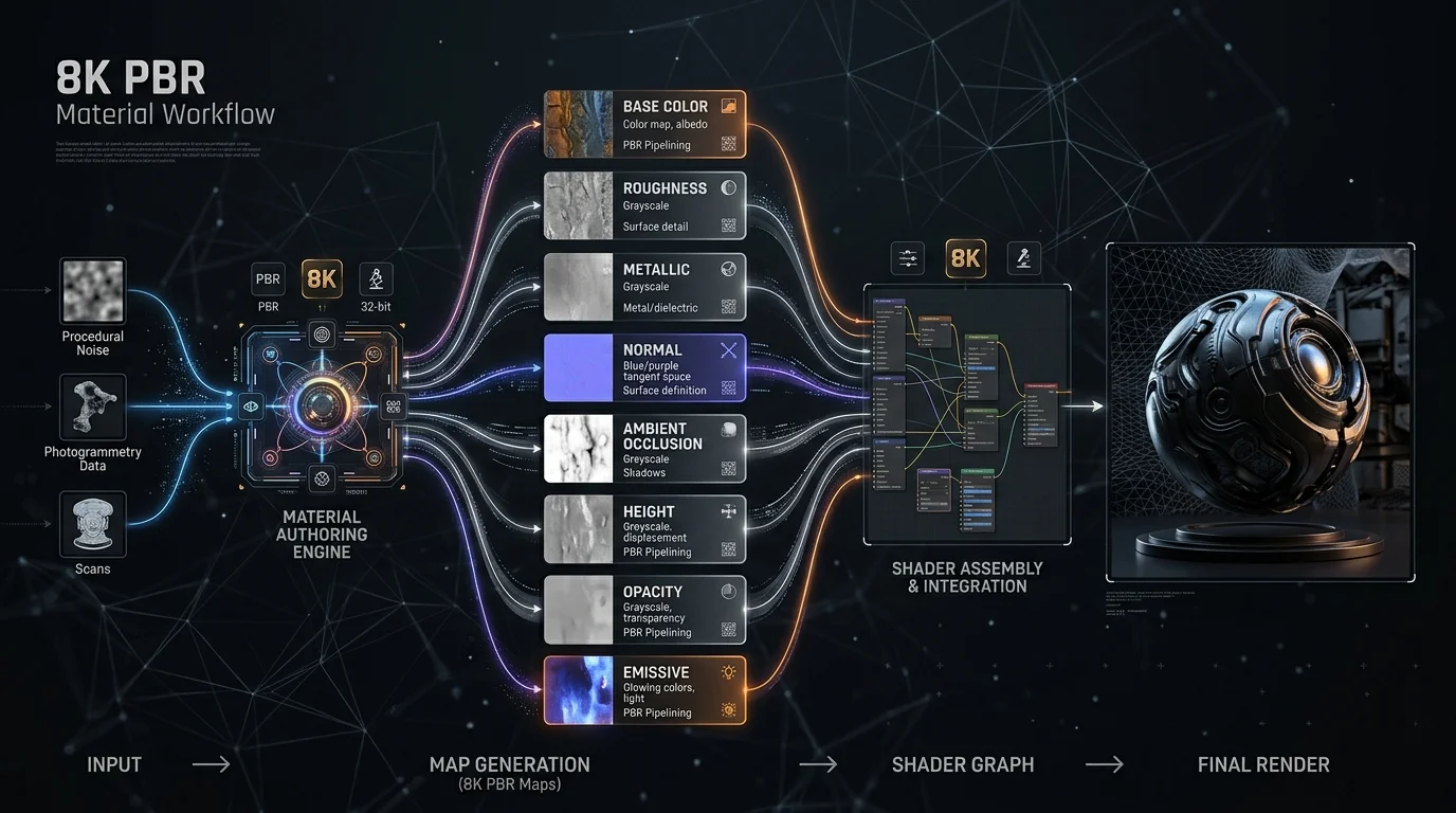 Visualisation abstraite haut de gamme du workflow de matériaux 8K PBR