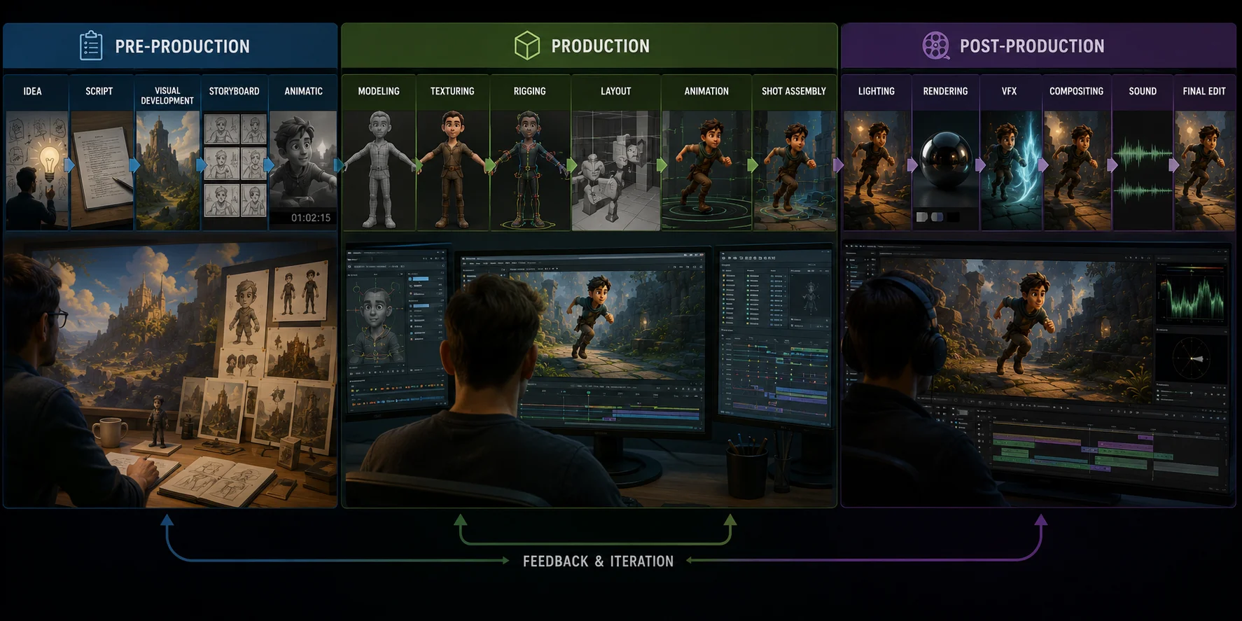 three animation production phases