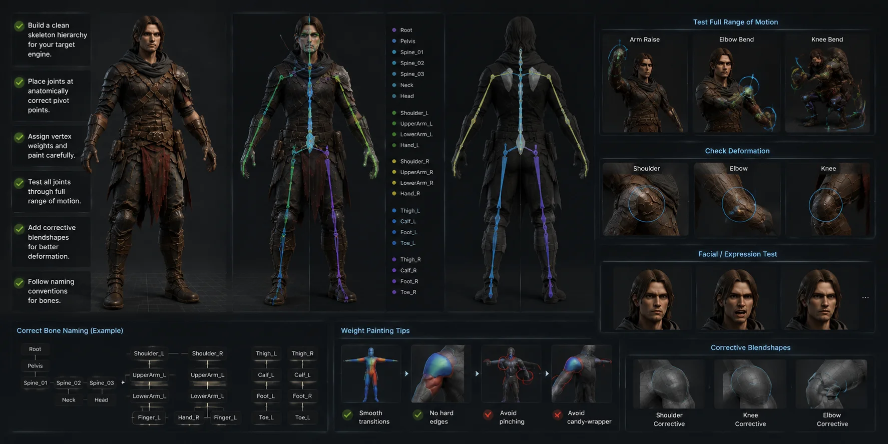 3d character checklist name all bones following target engine conventions e g mixamo ue5 mannequin