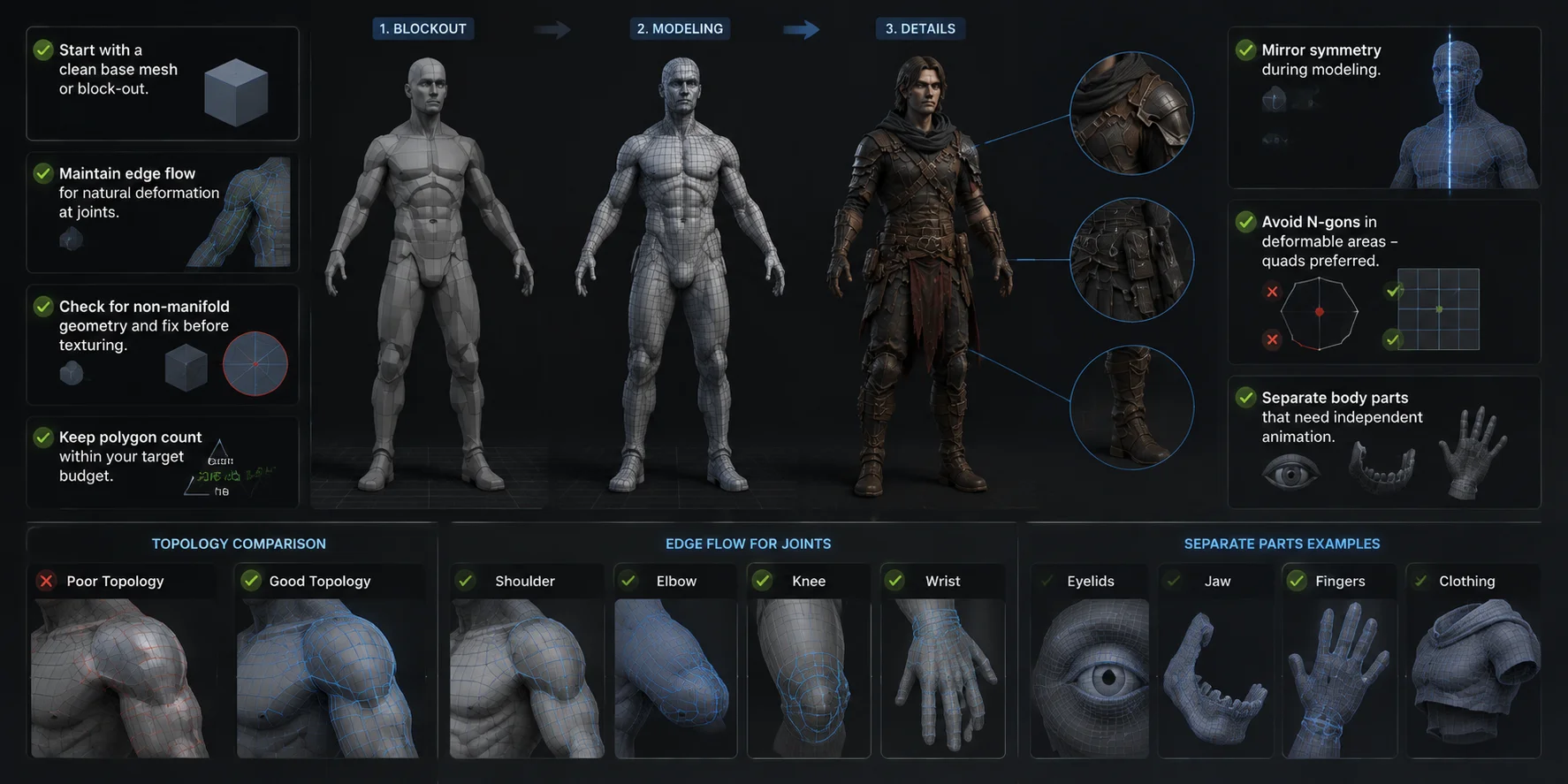 3d character checklist separate body parts that need independent animation eyelids jaw fingers