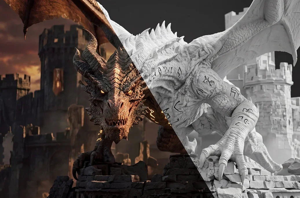 Split-view 3D fantasy dragon model showing fully rendered textured version with castle background on the left and white clay sculpt on the right