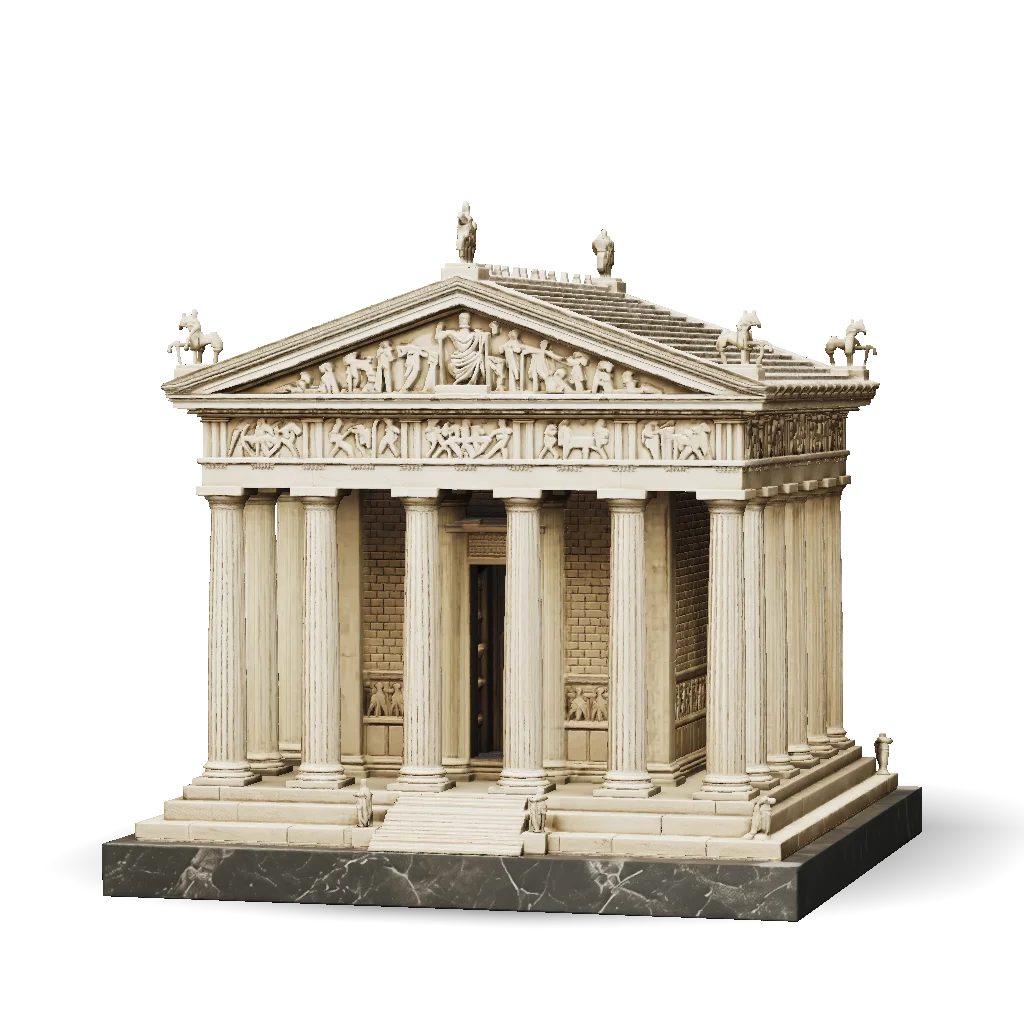 Parthenon-style ancient temple 3D model with a columned peristyle, bas-relief frieze and statues