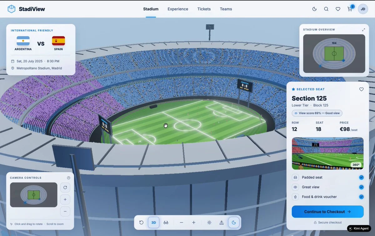 La tarea de construir un estadio de fútbol 3D para comparar Claude Fable 5 y Kimi K3