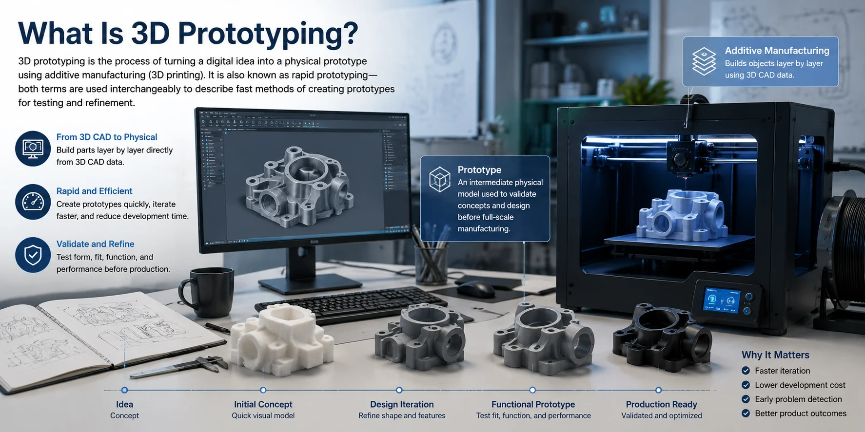 3d printer fabricating cad prototype