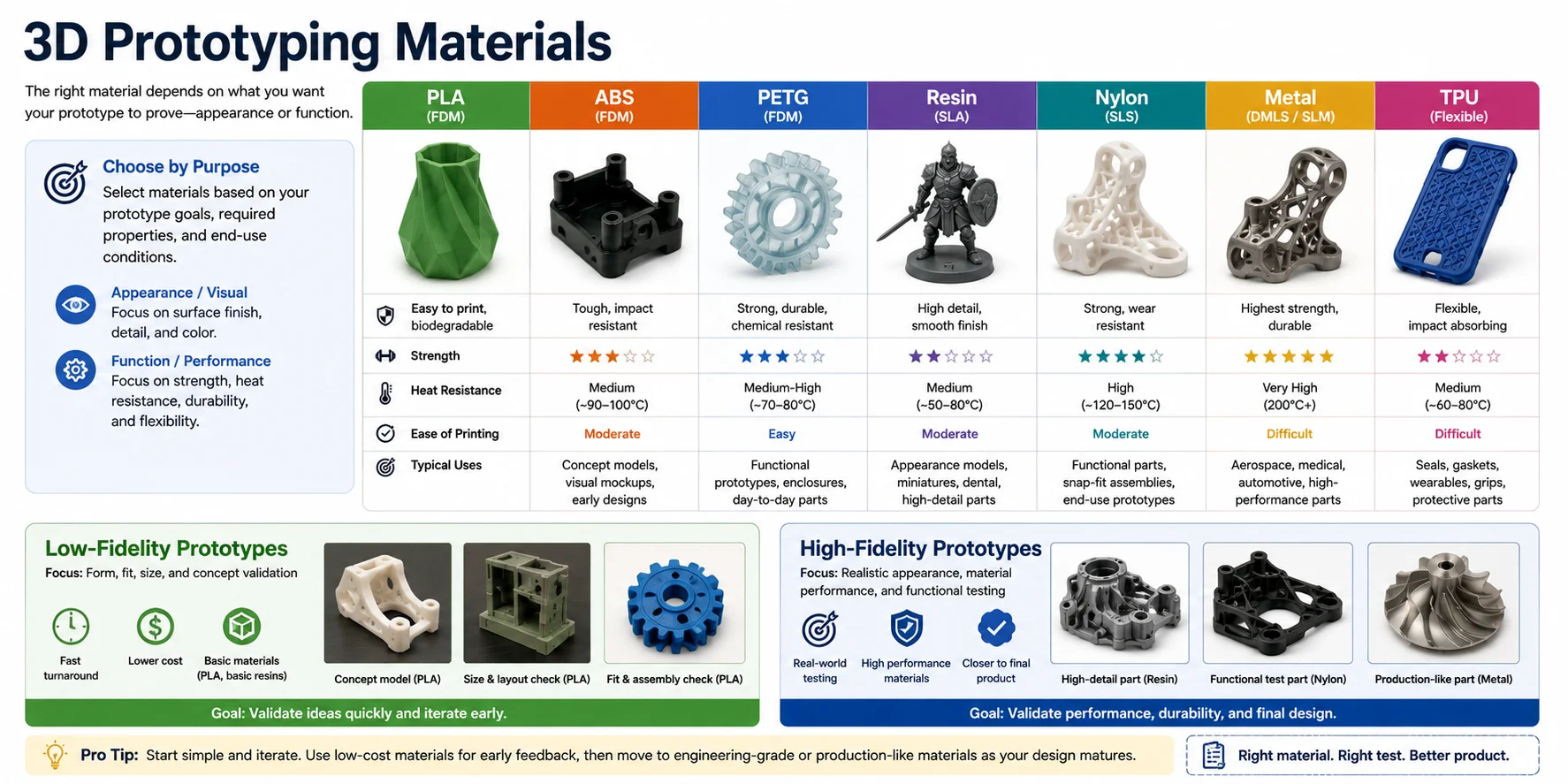 3d prototyping materials pla abs petg resin nylon metal tpu