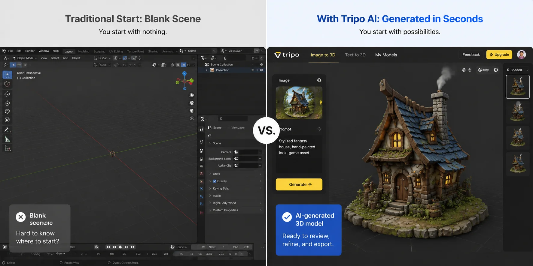 blank blender scene versus tripo generated house