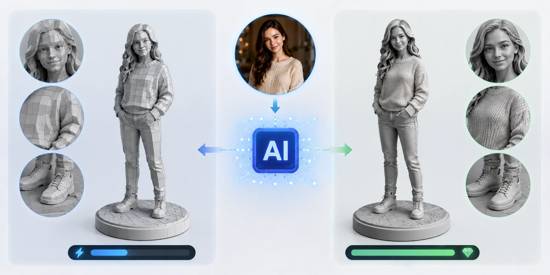 comparison of a quick ai model preview and a higher detail figurine model genera