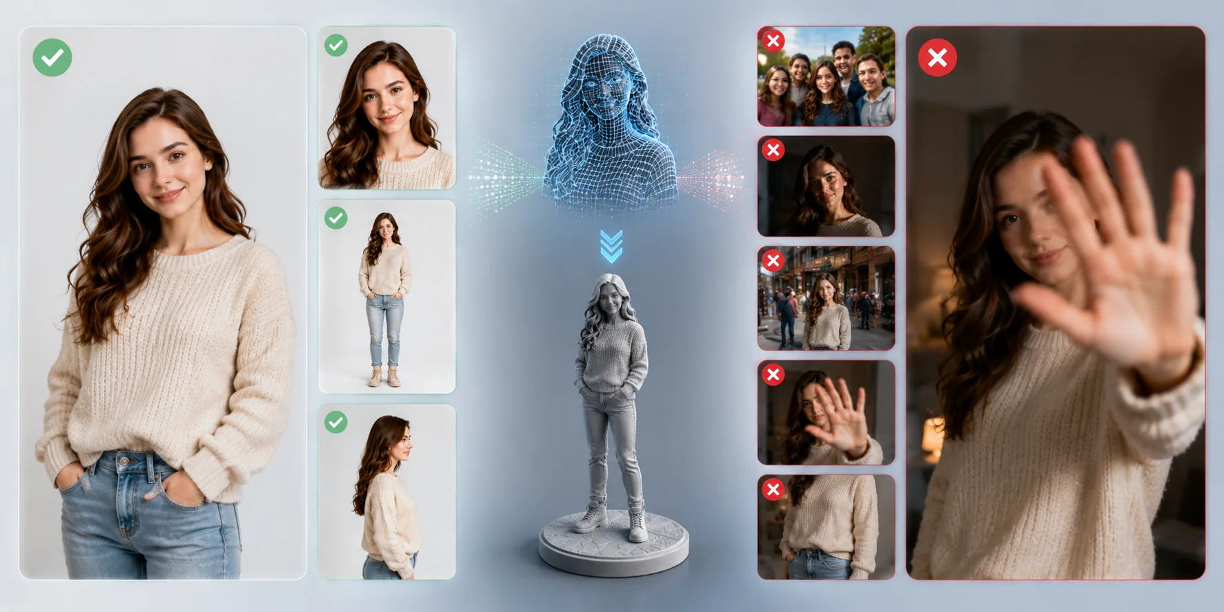 comparison of suitable and unsuitable reference photos for ai figurine generatio