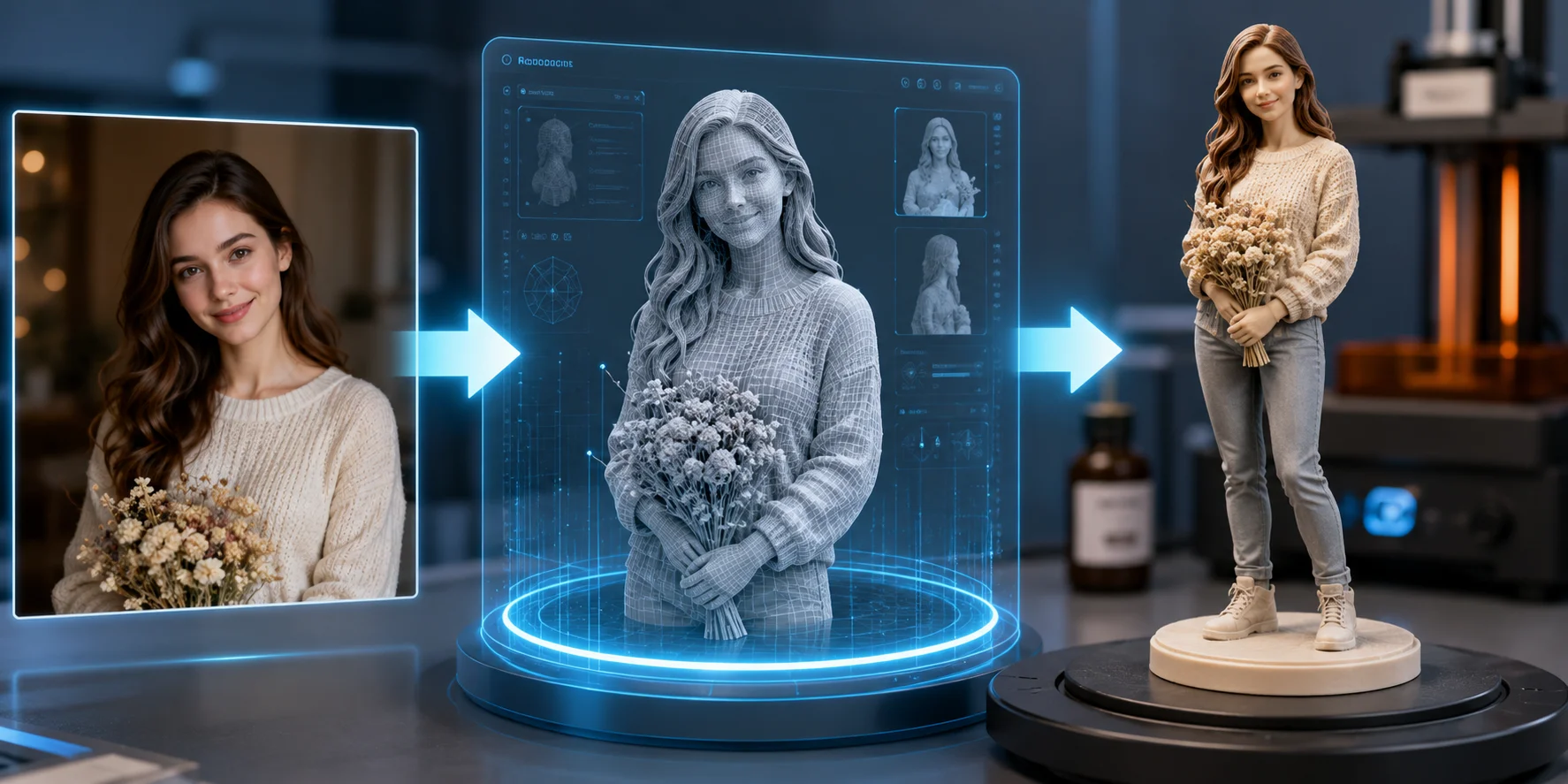 photo to figurine workflow showing a reference photo generated 3d model and fini
