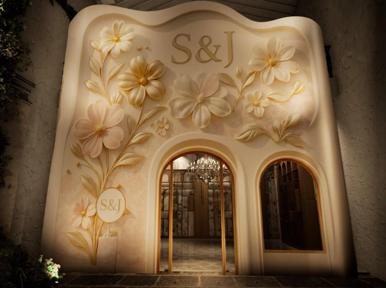 floral wedding facade made with ai 3d workflow