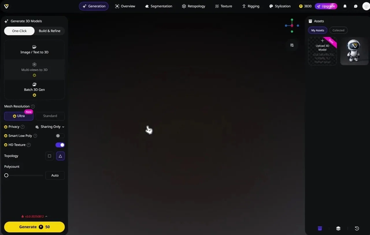 Tripo Studio and the API run the same generators, so a coder prototypes in the browser and then scripts the same step.