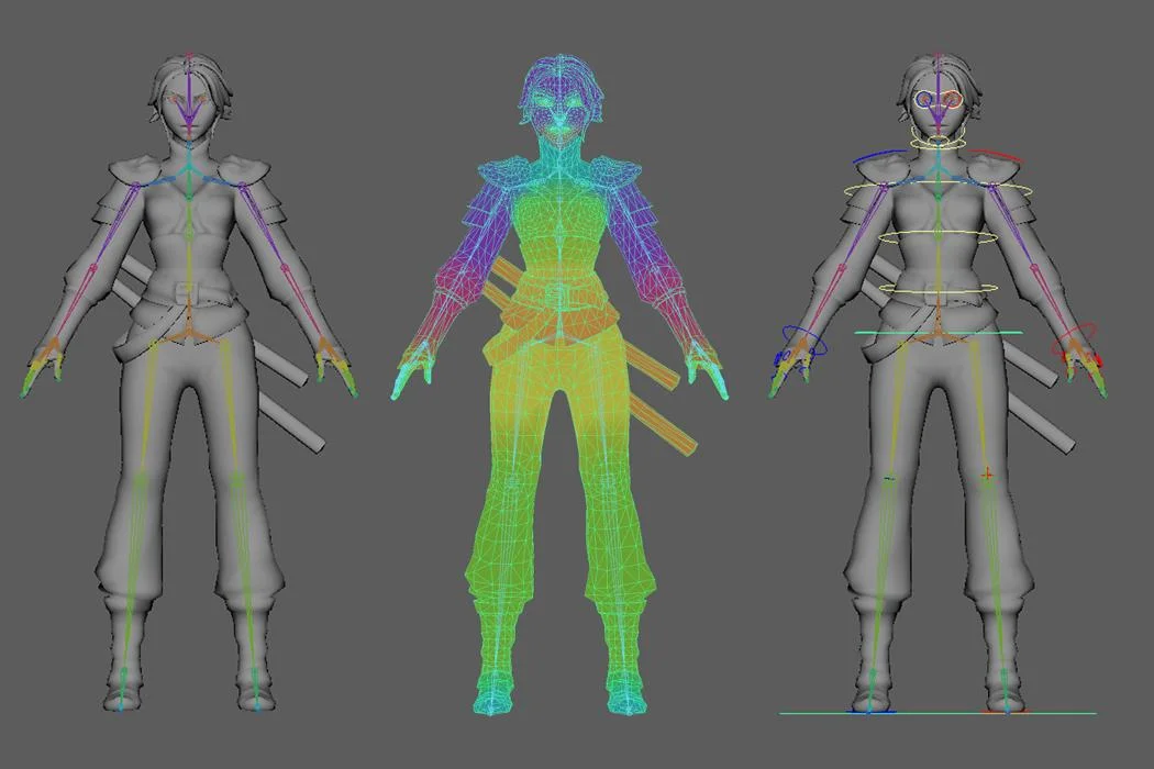 female-game-character-rig-wireframe-skeleton