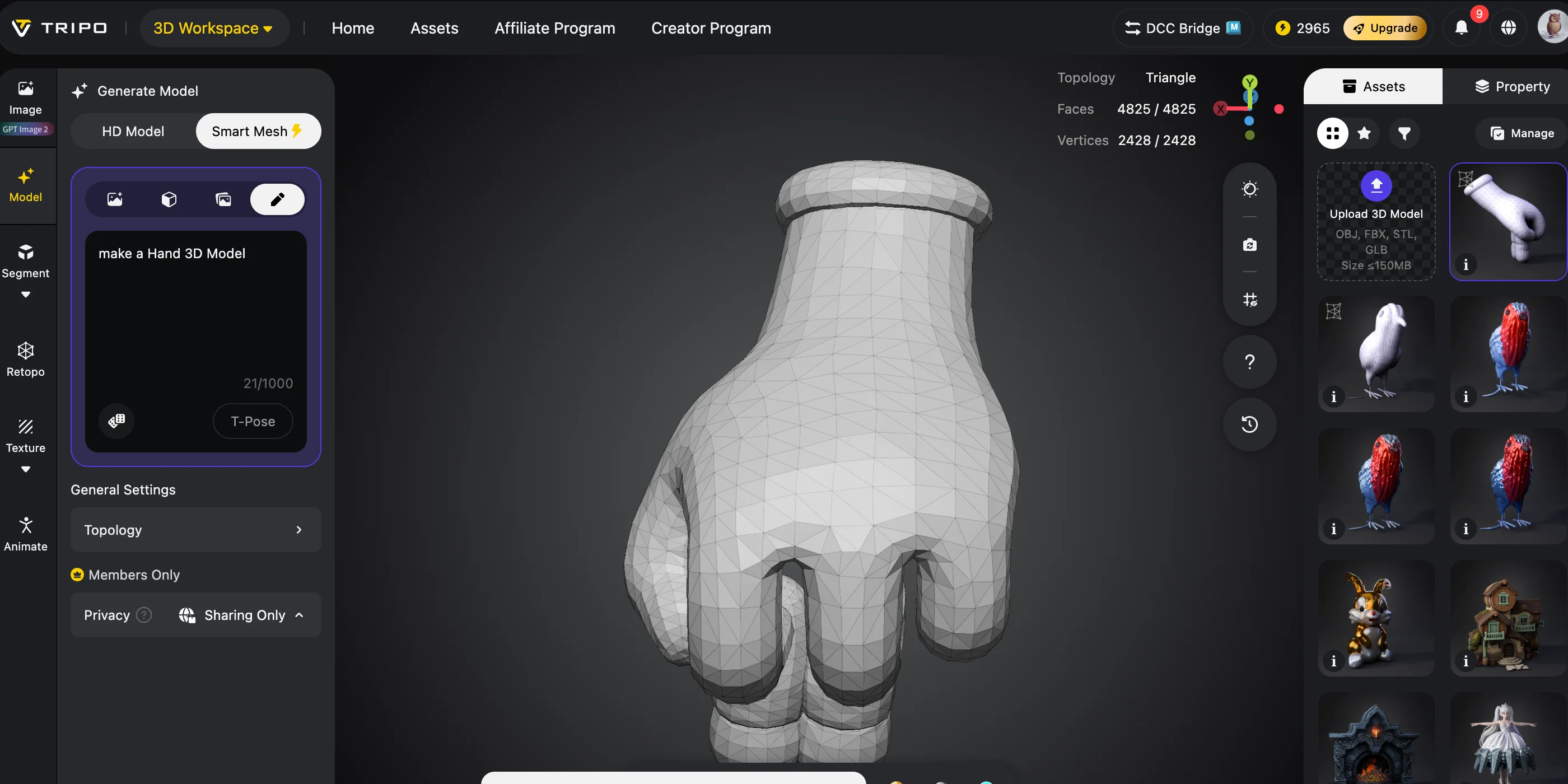 ai hand 3d model step 2 create a hand model with text to 3d
