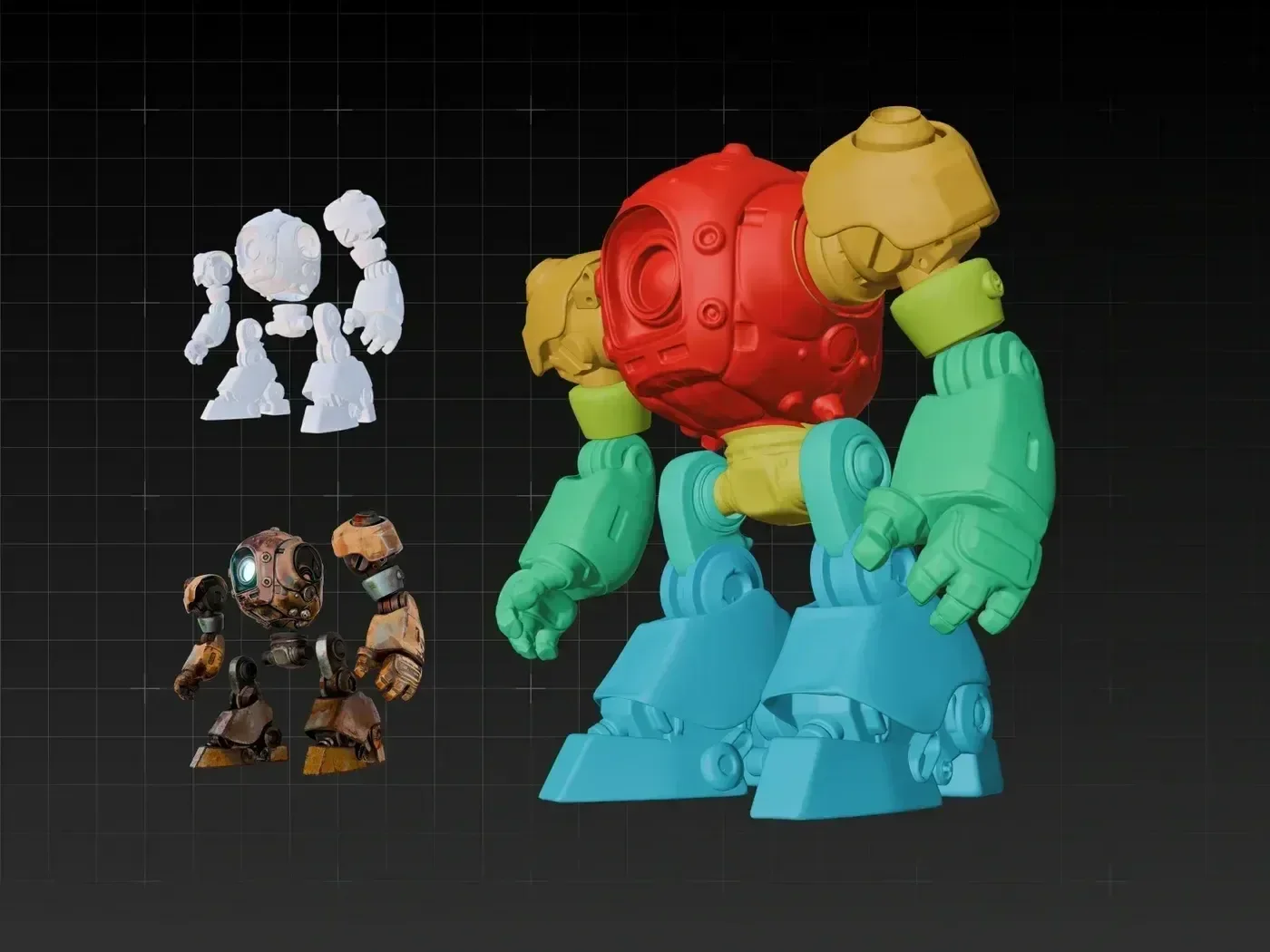 A 3D robot is being segmented into several parts