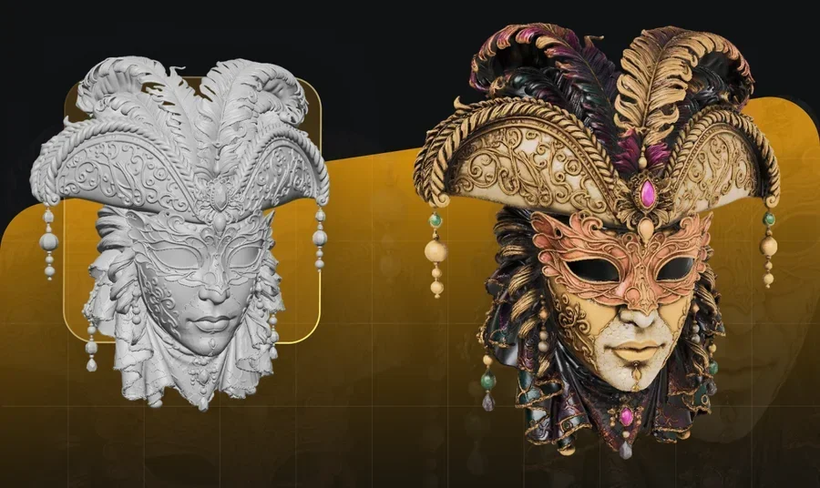 A 3D white model mask is being textured at 8K resolution.