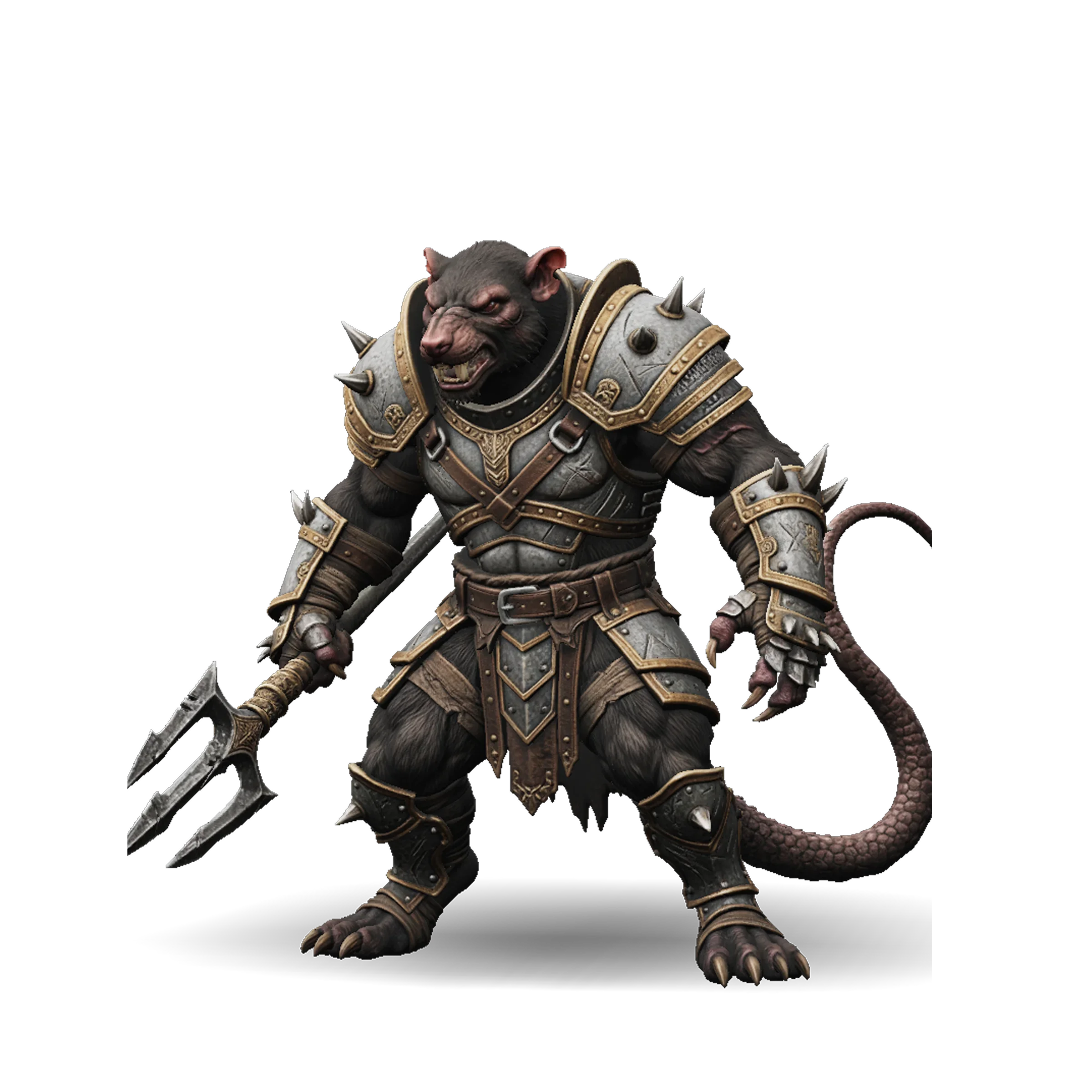 Armored rat warrior 3D game asset in spiked metal plates wielding a trident in a dungeon