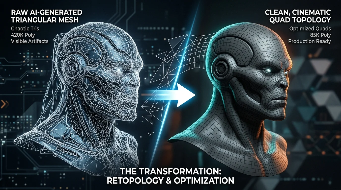 視覺化從原始 AI 生成的三角網格到整潔的影視級四邊面拓撲的轉換