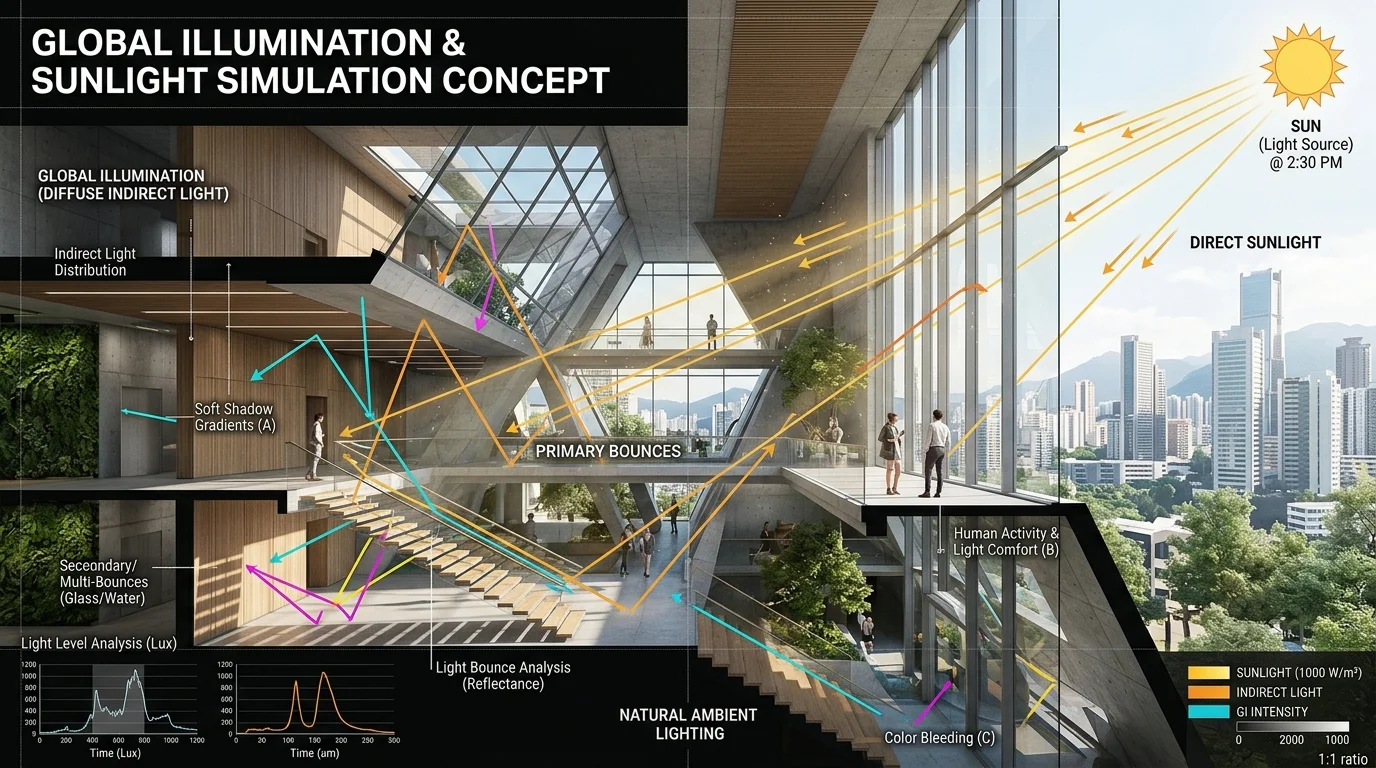AI global illumination and sunlight simulation concept