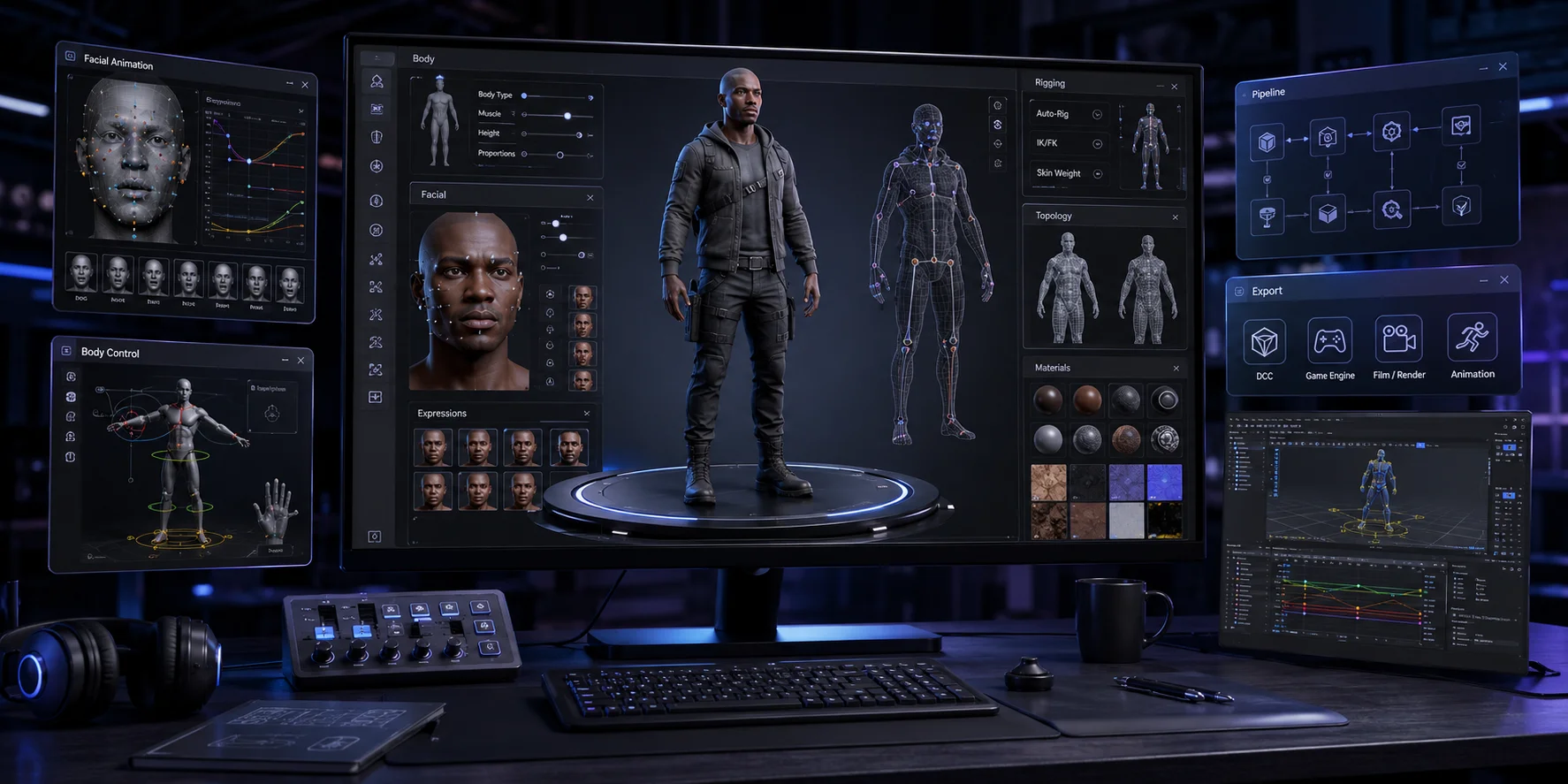 professional character creator interface with rigging and pipeline tools