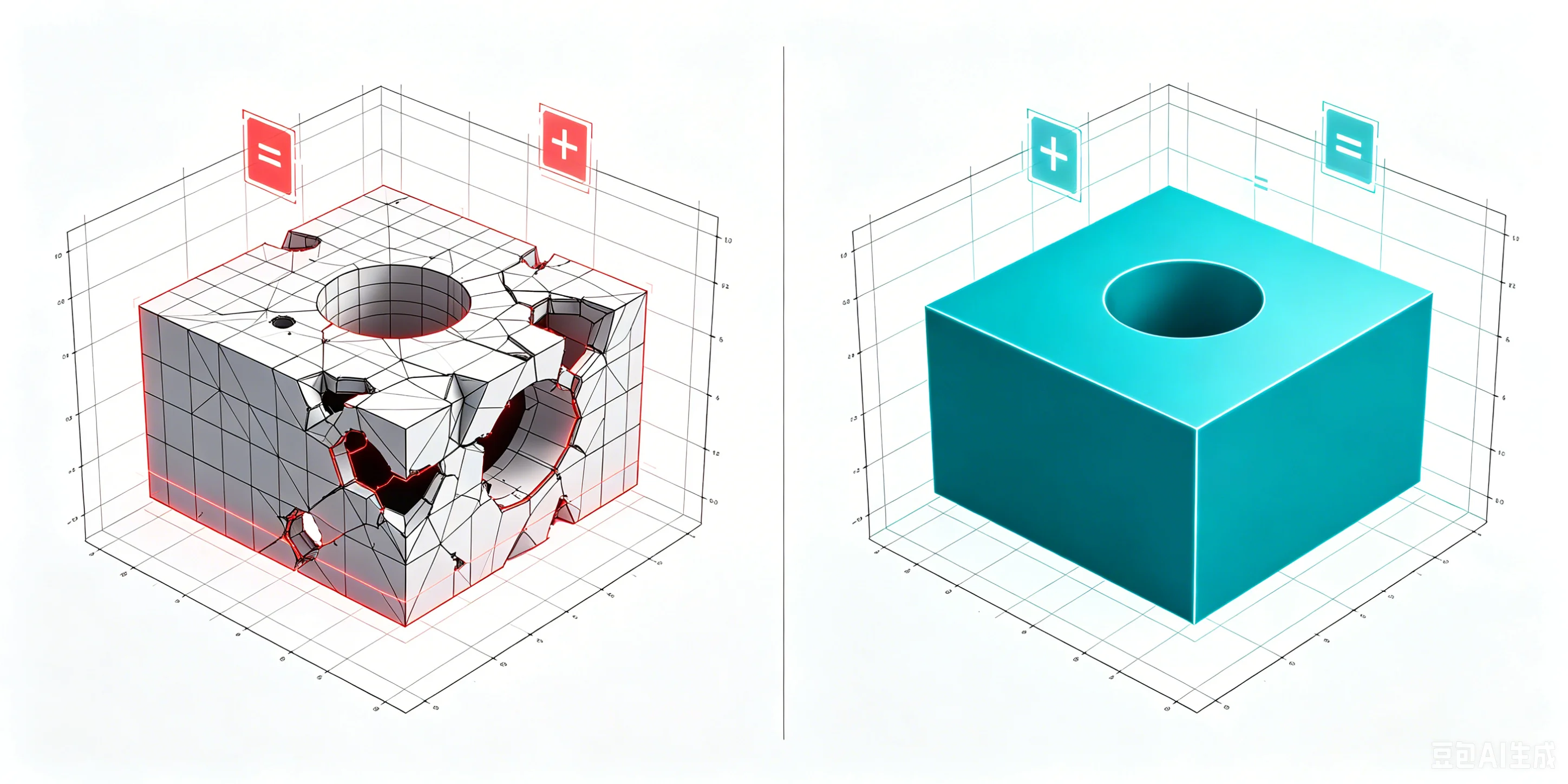 破損した3Dメッシュ（左）と修復された水密なクリーンメッシュ（右）の比較