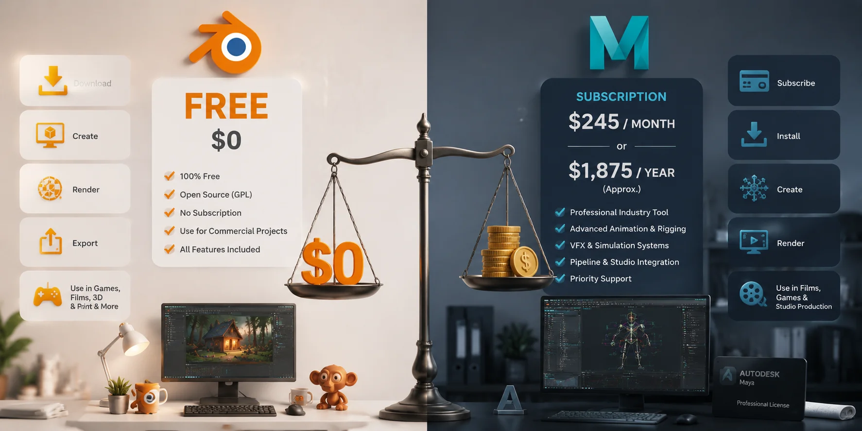 blender vs maya cost and licensing the biggest difference