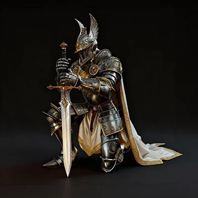 Armored knight kneeling with sword, ornate silver-gold plate armor, white cape.
