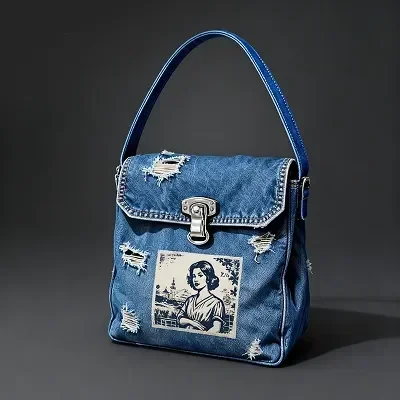 Bolso de mezclilla con parches desgastados, diseño artístico impreso en el frente, hebilla de metal y correa para el hombro.