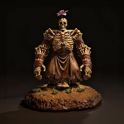 Skeleton warrior figure with a purple flower atop, bone ribcage, leather-wrapped arms, brown tattered skirt, mossy rocky base.
