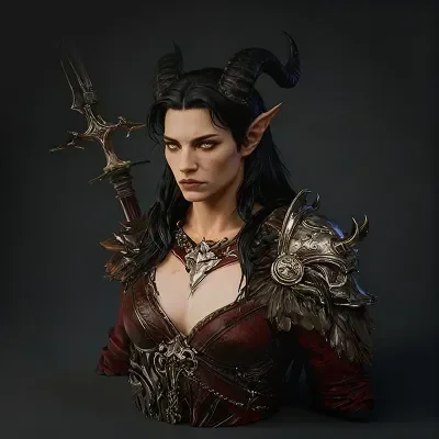 Guerrero acorazado demoníaco con casco con cuernos, armadura de metal oscuro con bordes plateados y una gran arma con púas.