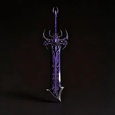 Glowing purple fantasy sword with ornate spiked hilt and runed blade.