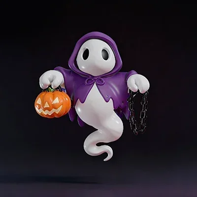 Stylized Halloween ghost, hooded cloak, hollow eyes (no mouth), wavy tail, jack-o’-lantern, broken chain, chunky fingers, cute spooky, smooth, cartoon proportions.