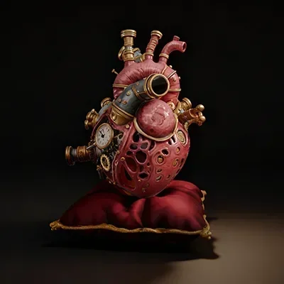 Ornate, steampunk-inspired mechanical heart model with brass and copper components, including gears, cogs, and pipes, resting on a burgundy cushion.