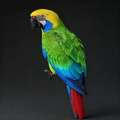 Guacamayo verde con cabeza amarilla brillante, cuerpo verde, alas azules y cola roja.