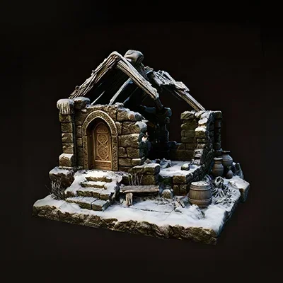 Ruined stone house with collapsed wooden beams, barrels, and scattered bones.