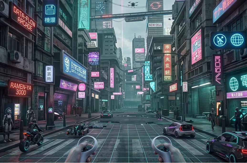First-person VR view of a neon-lit cyberpunk city street with Japanese signs, futuristic vehicles, drones, and hands holding VR controllers