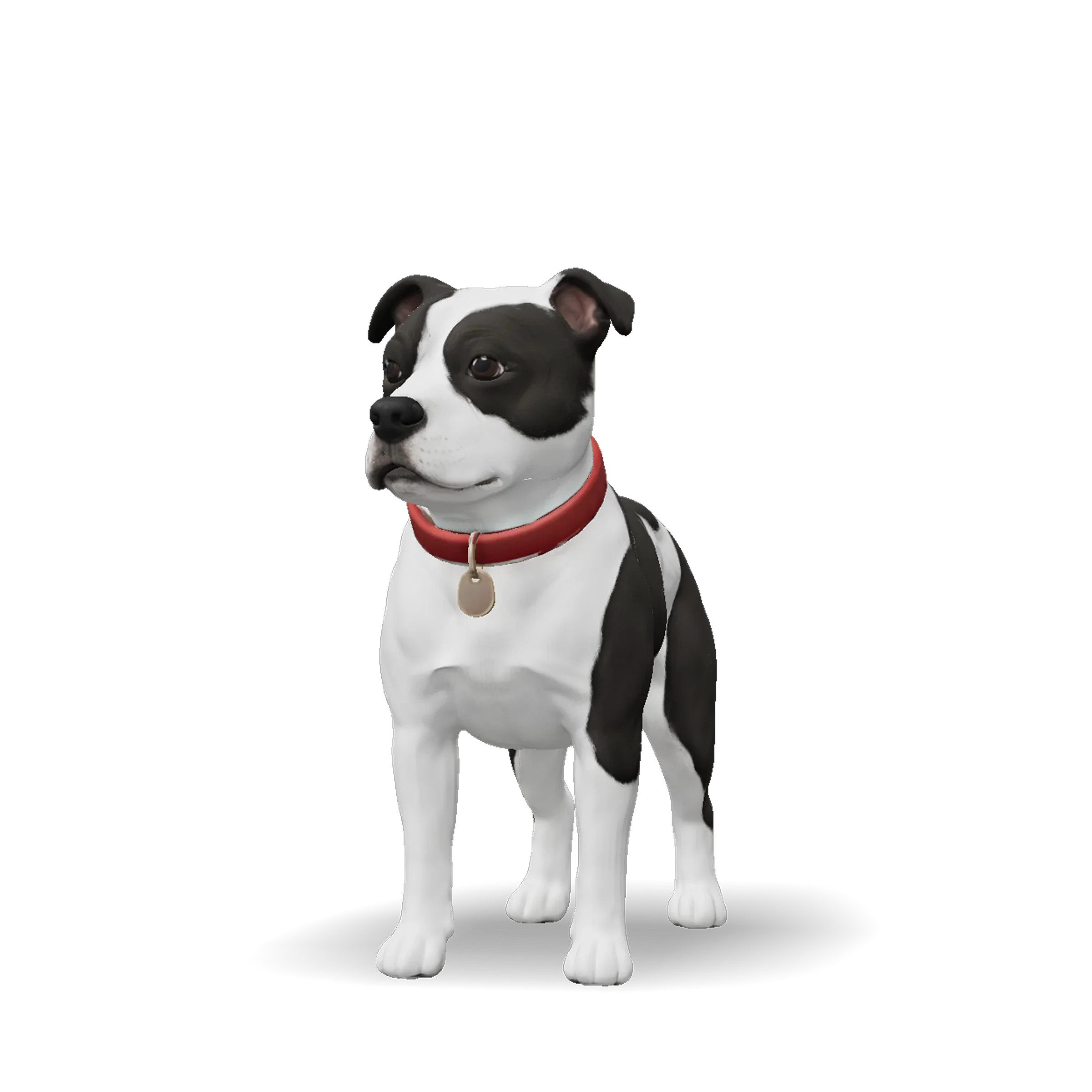 Stylized dog 3D figure in black and white with a red collar and smooth surface, modeled in Tripo AI