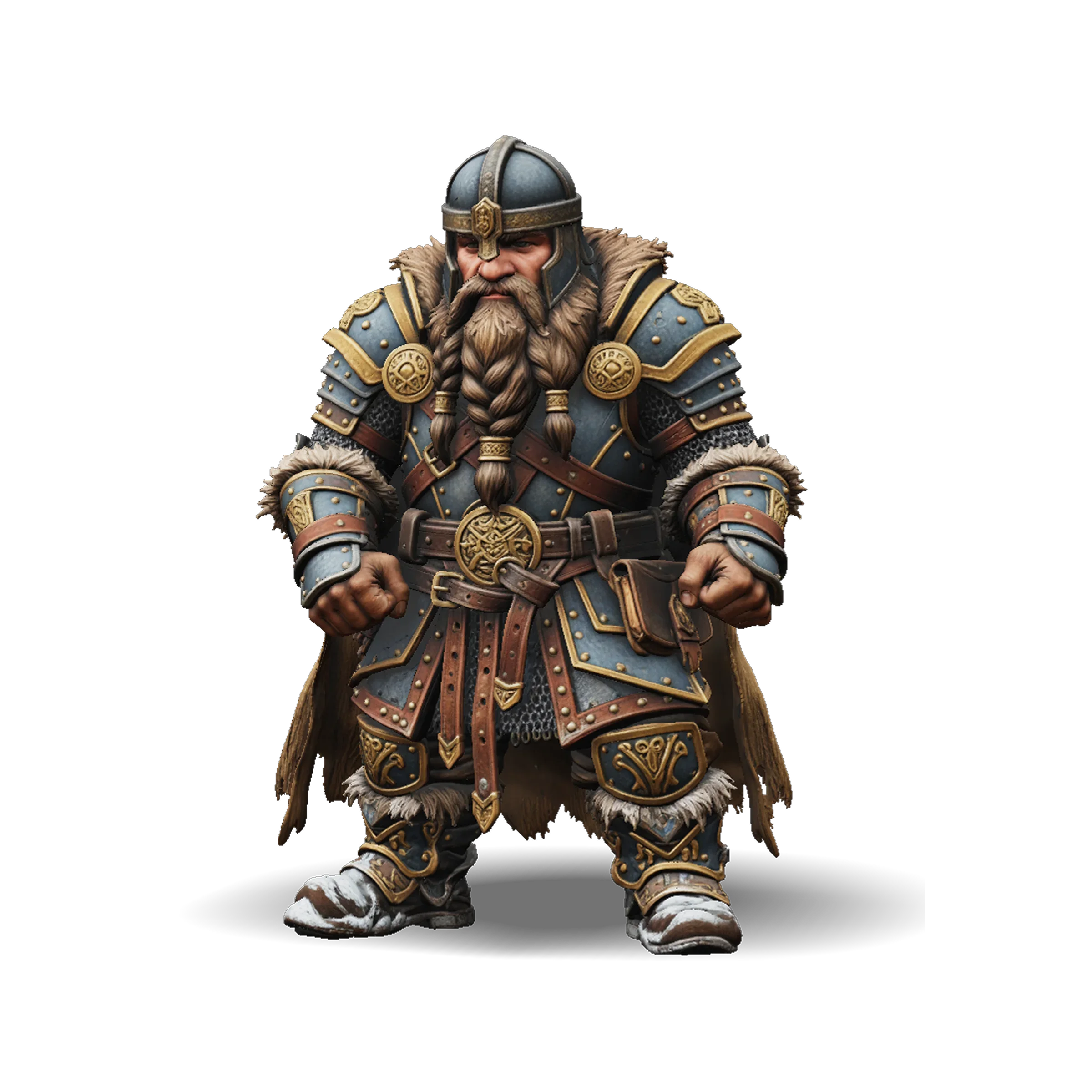 Dwarven warrior 3D character model in ornate snow-dusted armor with a braided beard
