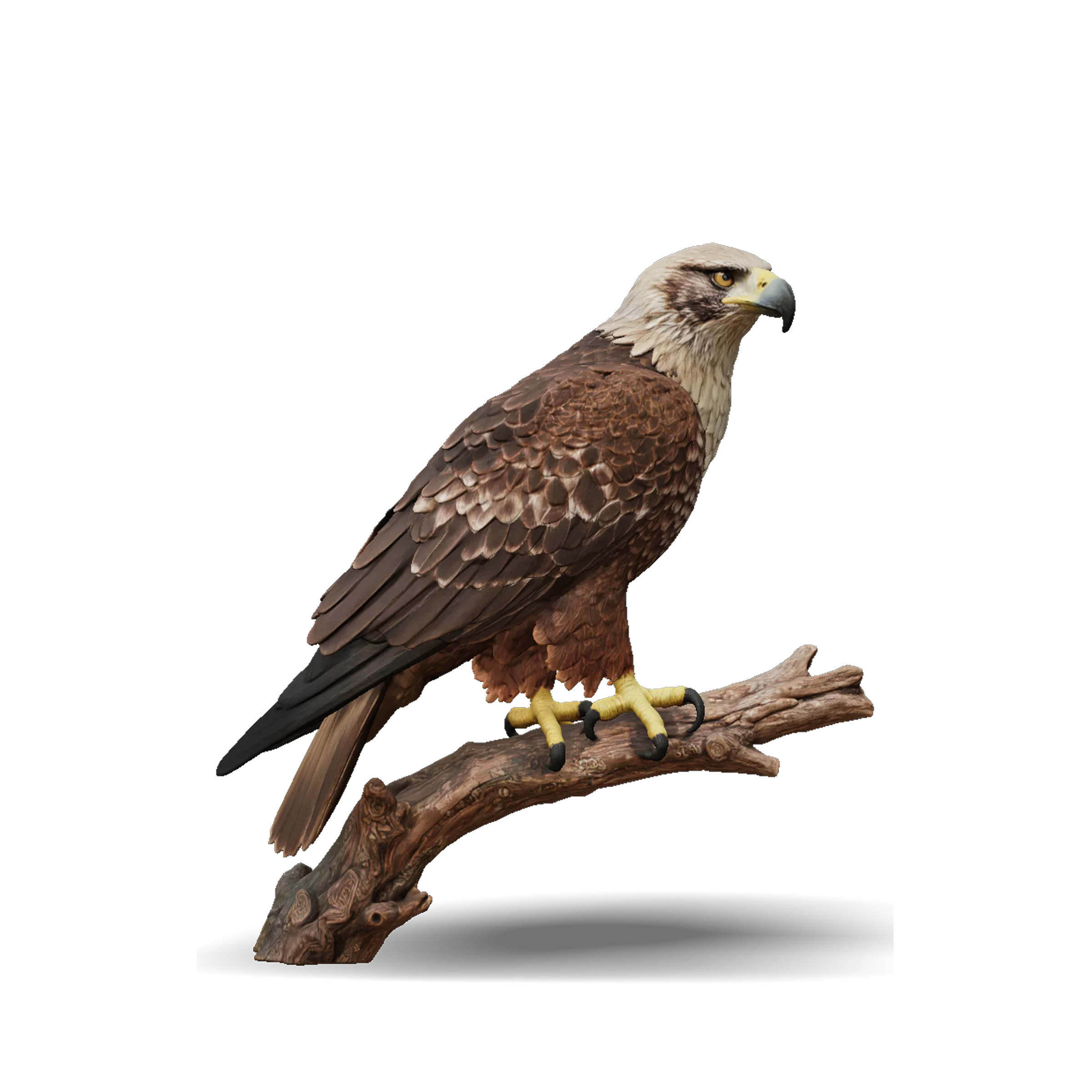 Eagle 3D model perched on a branch with folded wings and detailed feather texture