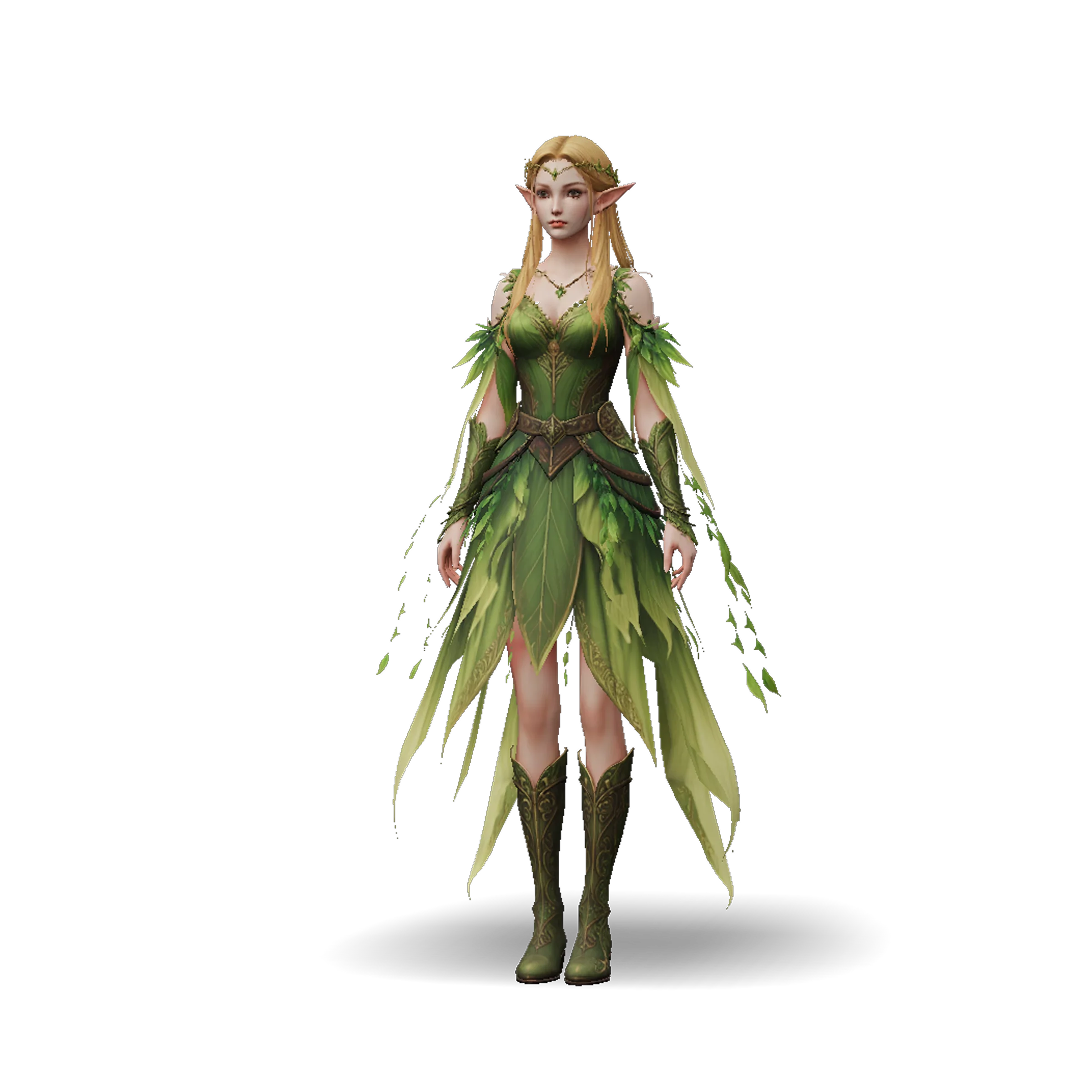 Elf princess 3D character model in leaf-green armor with gold trim, blonde hair and pointed ears