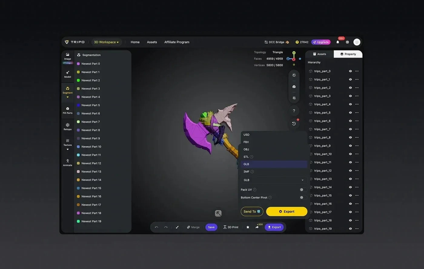 The Tripo Studio workspace, where rigging, preset animation, and export settings sit together for a Unity-ready character.