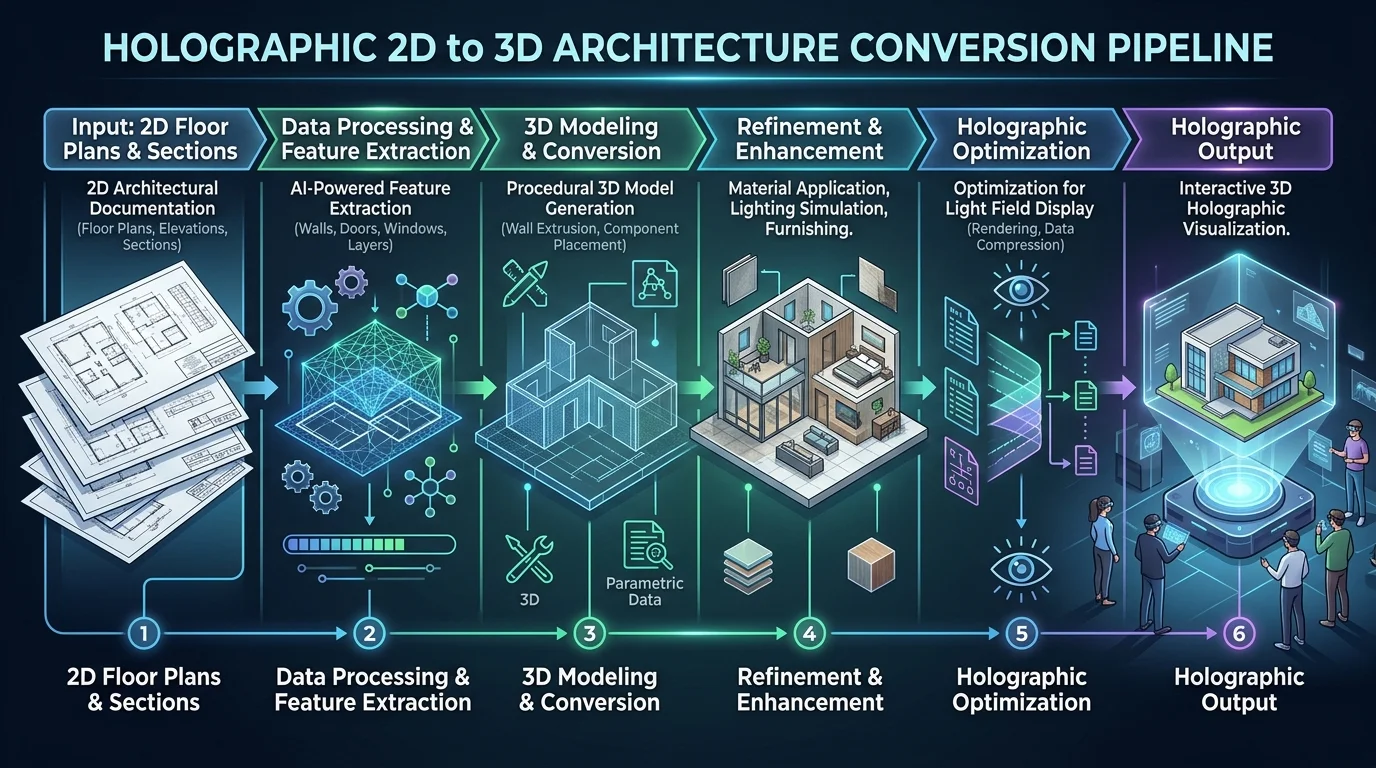 Holographic 2D to 3D architecture conversion pipeline