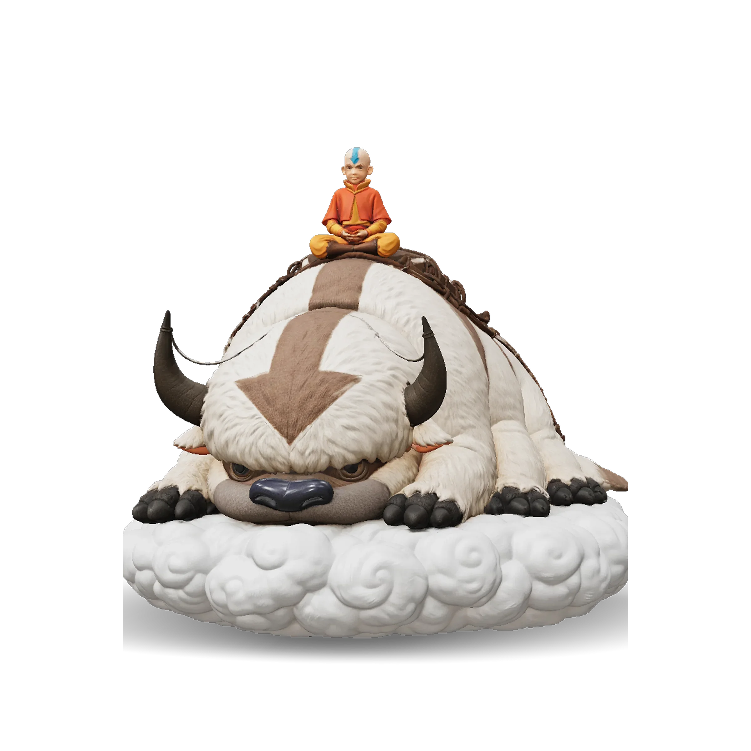 Mythical buffalo carrying a saddled rider on a fluffy cloud, white-brown fur and horns, built in Tripo AI