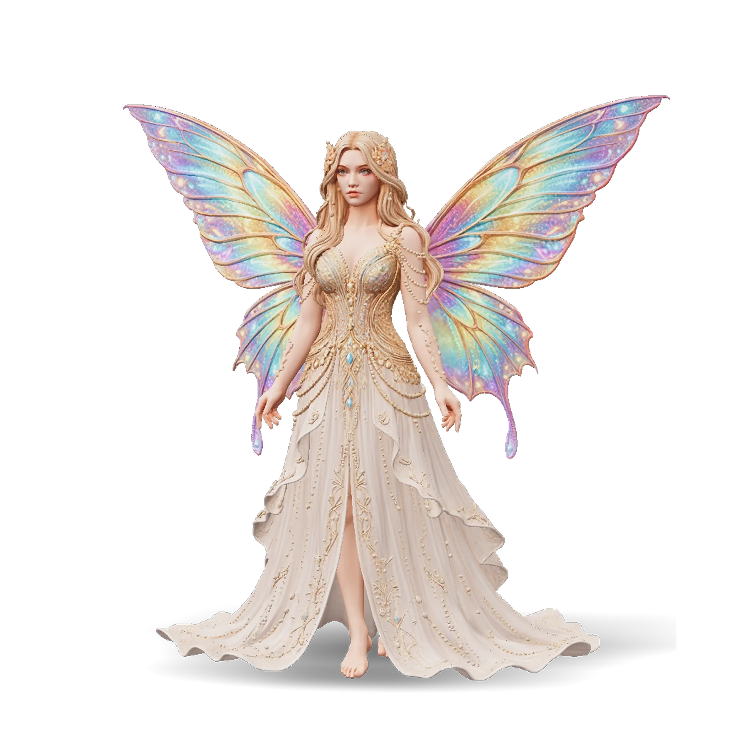 Fantasy fairy 3D model with iridescent butterfly wings and an ornate jewel-encrusted gown