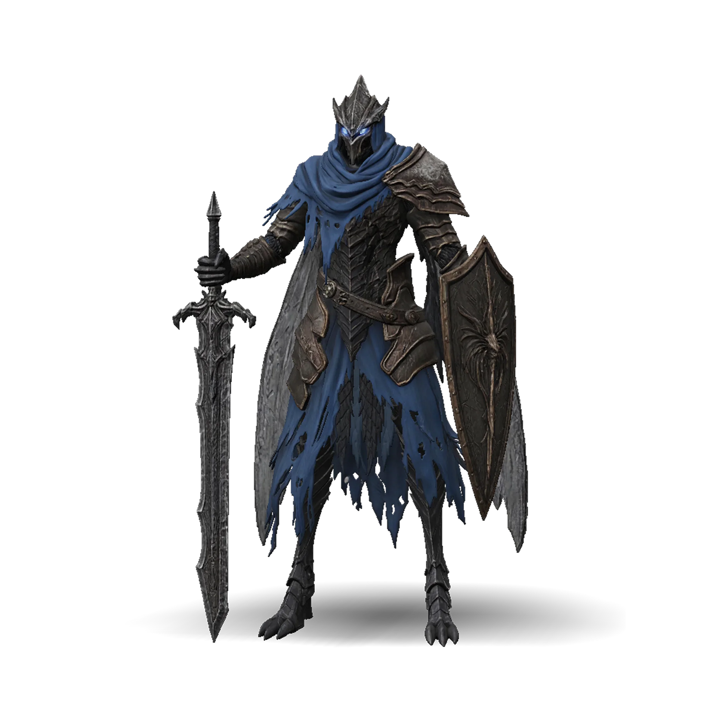 Armored fantasy knight 3D character in a blue cloak, wielding a long sword and an ornate shield