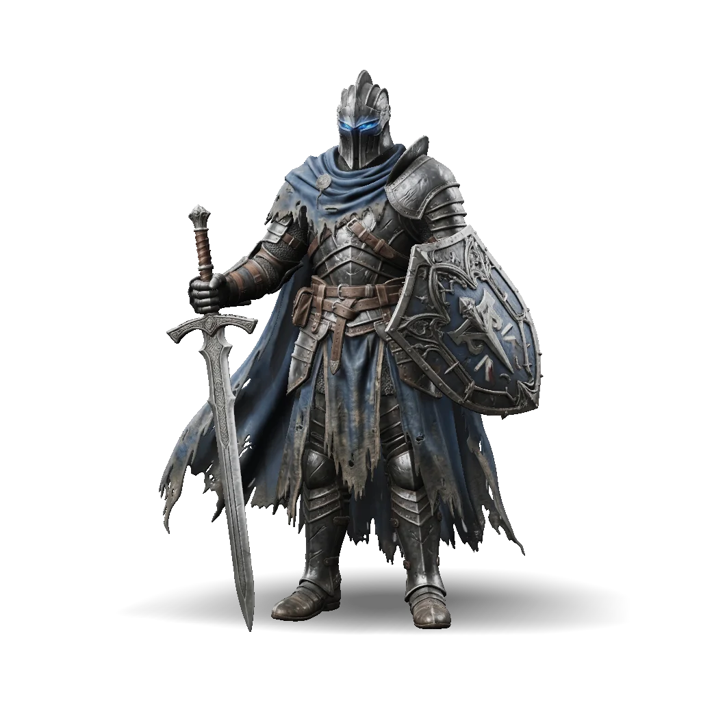 Armored fantasy knight 3D character in a blue cloak, wielding a long sword and an ornate shield
