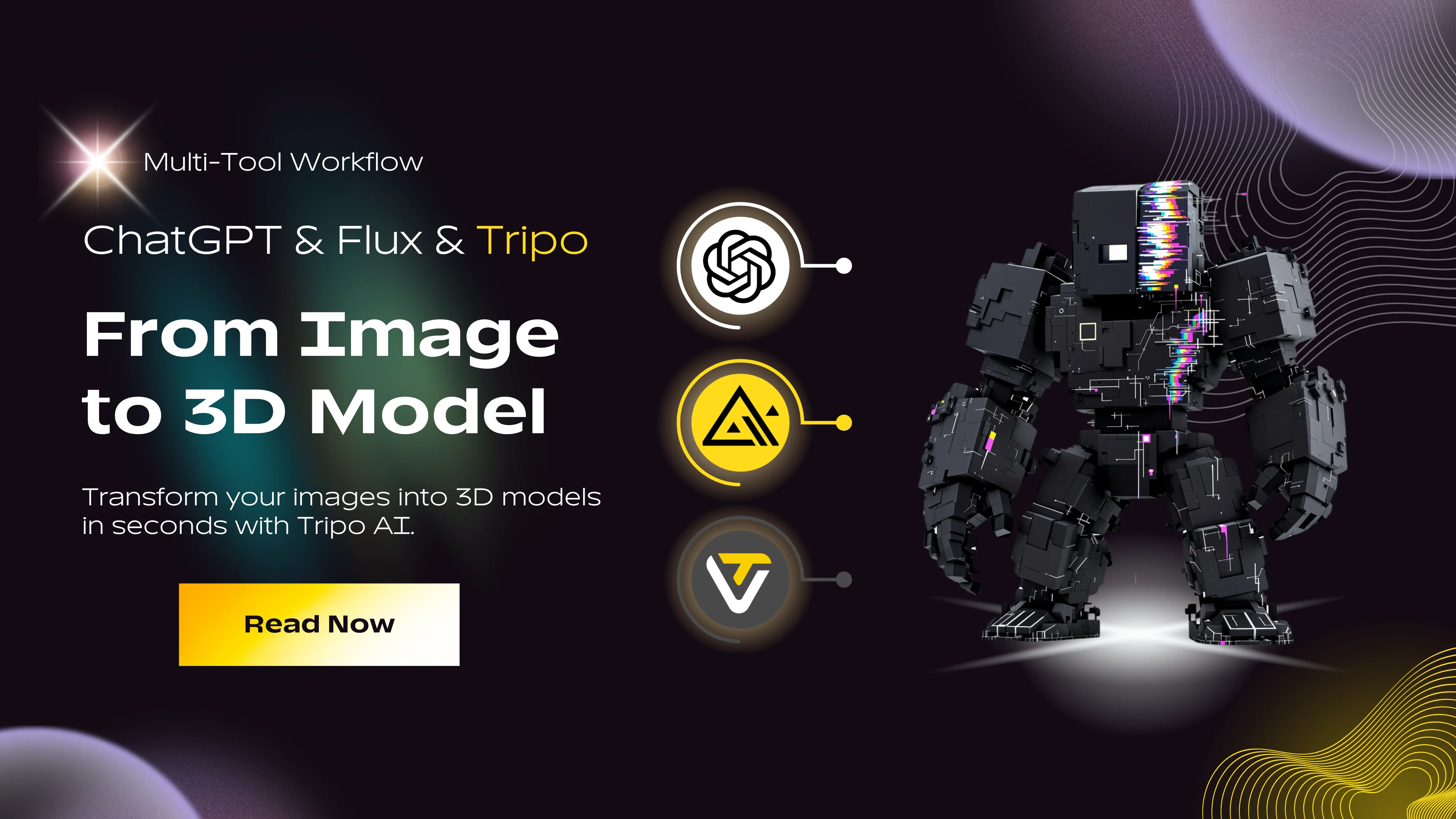 Tripo UI引導頁截圖,顯示分步影象轉3D轉換工作流